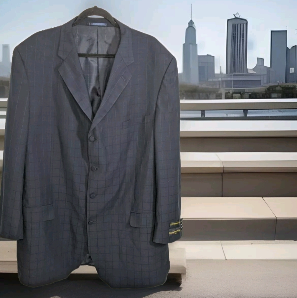 Dark Blue On Blue Checkered Suit Blazer 50L